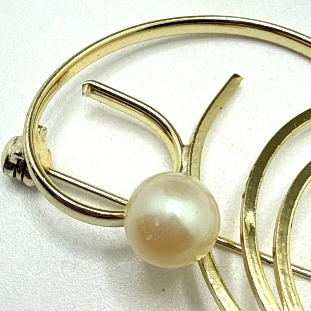 VINTAGE Filigree Leaf Faux Pearl Brooch Gold Tone Leaves Pin 2